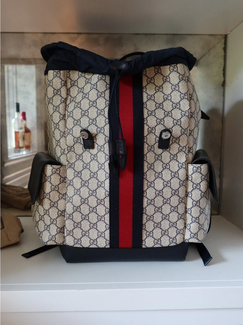 Gucci Beige GG Canvas Backpack with Red & Blue Web Stripe
